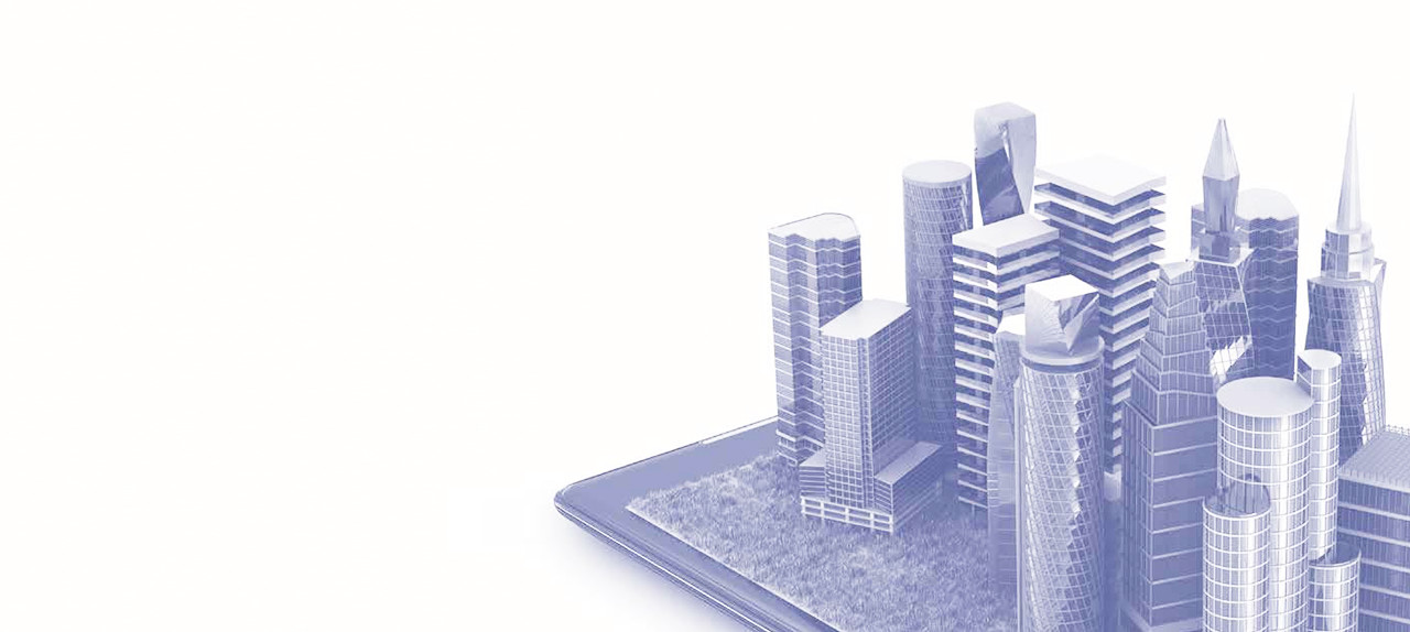 Architectural model of a city skyline on a tablet